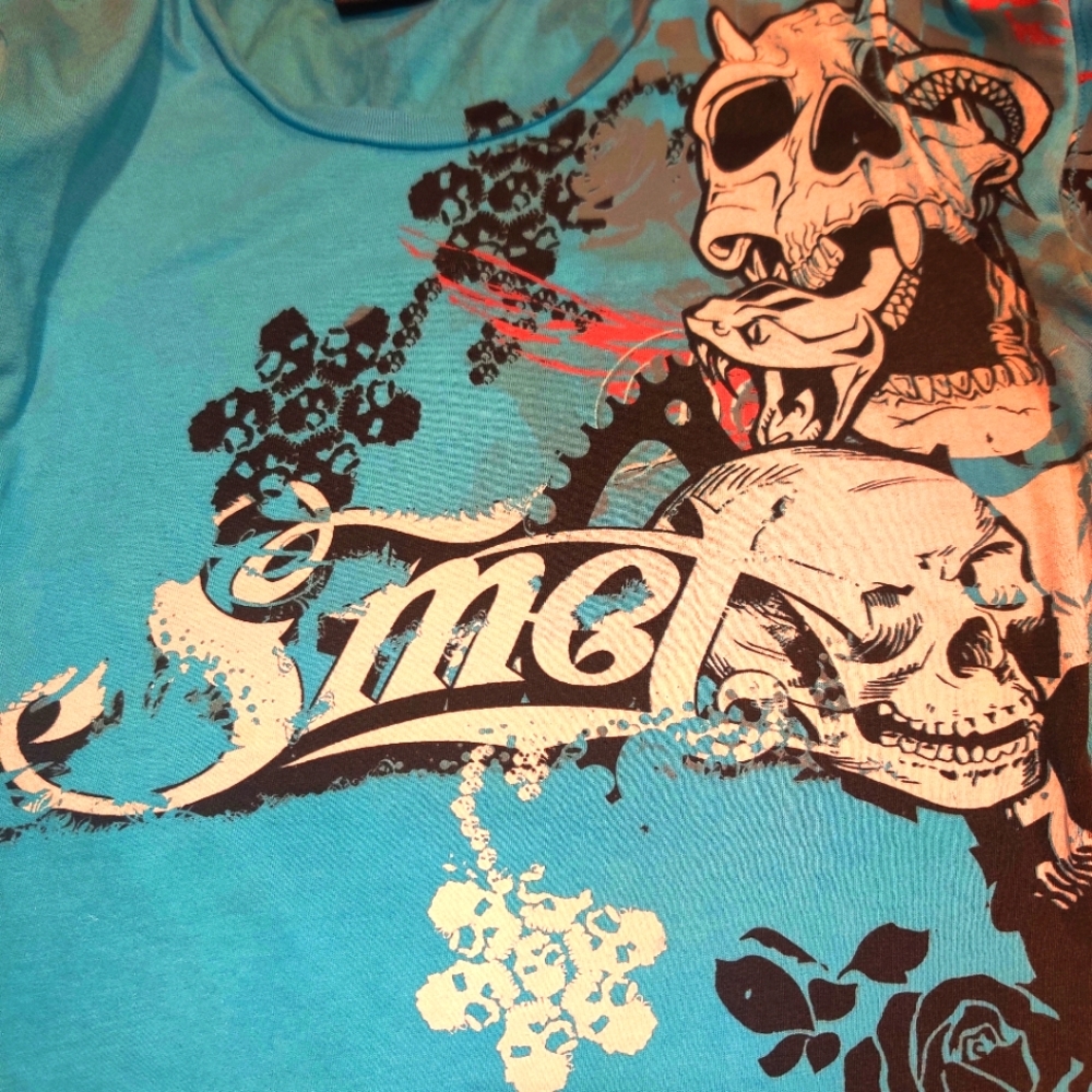 Rare Smet by Christian Audigier Large Teal Skull Shirt Vintage